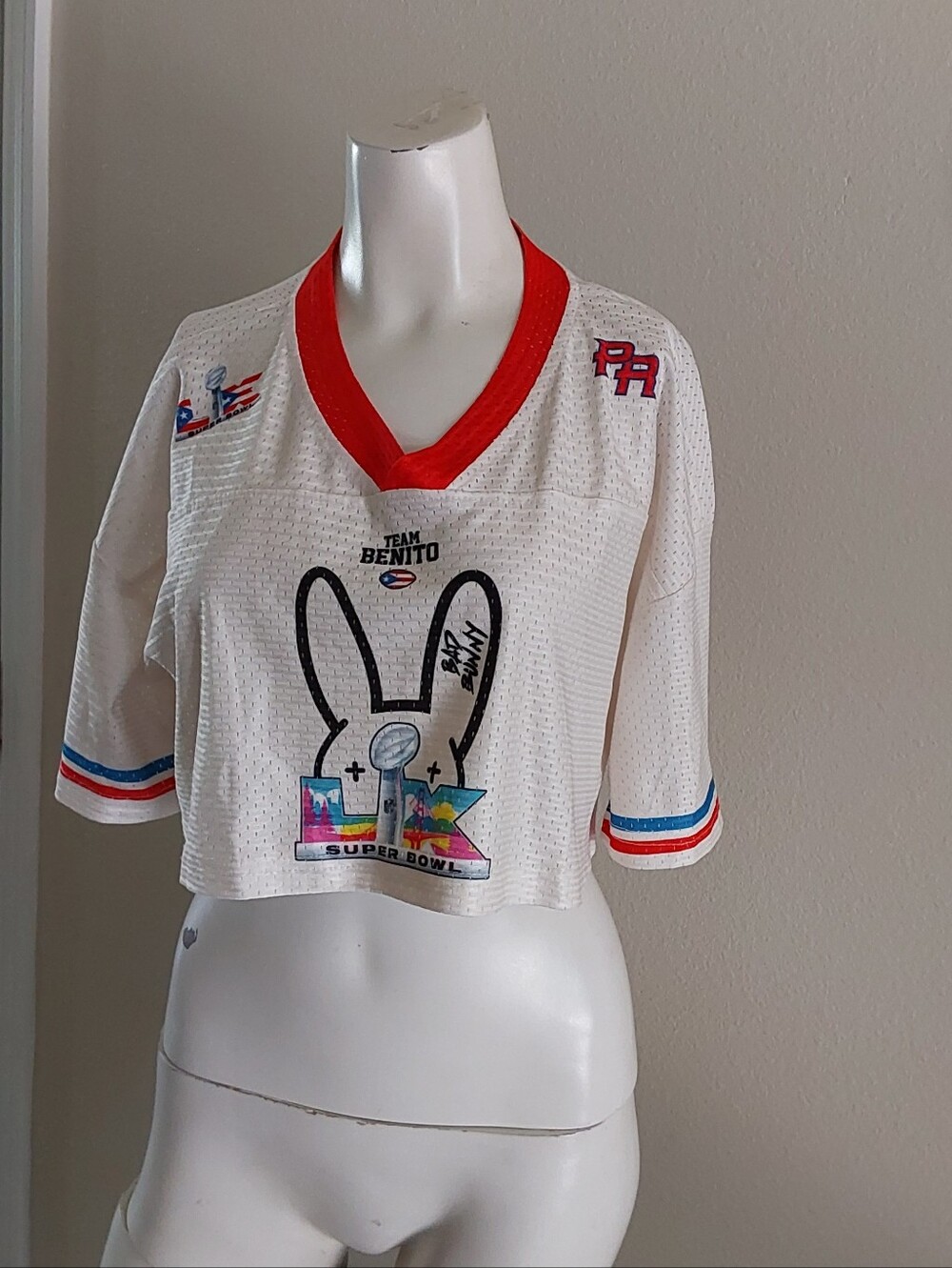 White Cropped Graphic Mesh Jersey Top